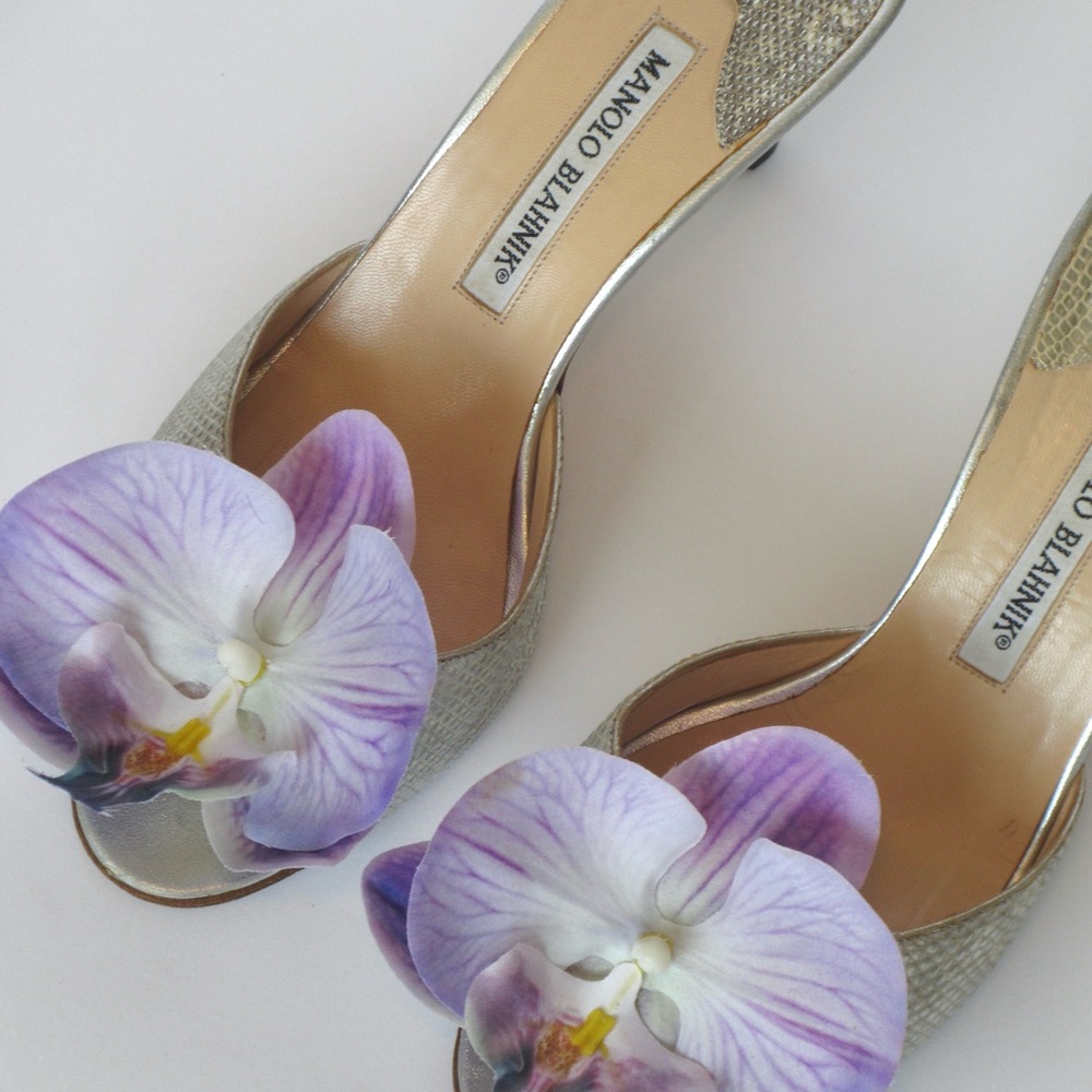 Reworked Upcycled Manolo Blahnik Silver and Purple Orchid Heels